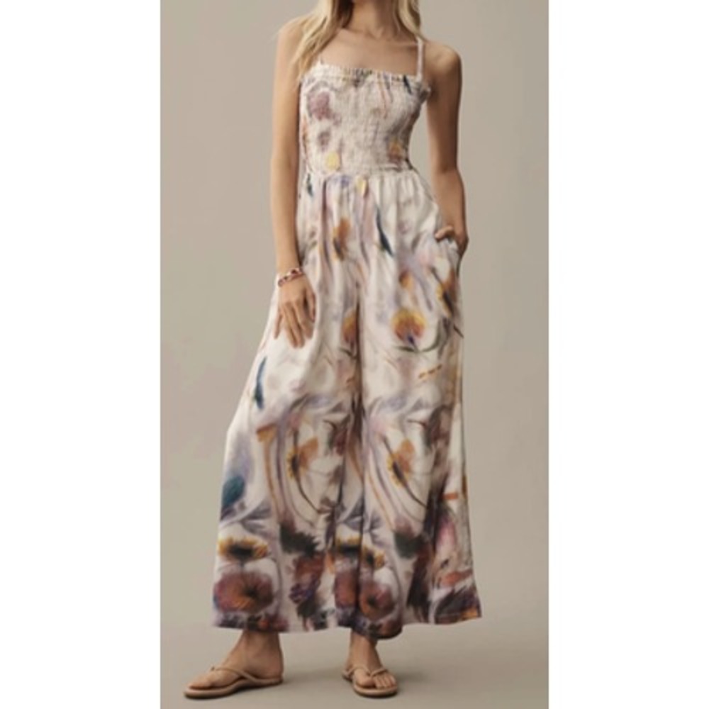 Pilcro Jumpsuit Womens Medium Petite MP Watercolor Floral Smocked Linen Wide Leg